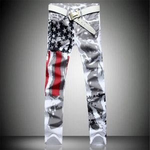 2017 nouveauté hommes décontracté américain drapeau américain imprimé Jeans pantalons hommes Graffiti imprimer blanc hip-hop mode Jeans307Y