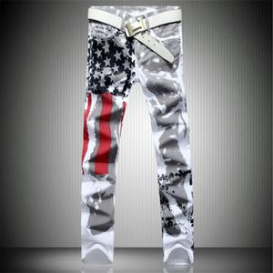2017 nouveauté hommes décontracté américain drapeau américain imprimé Jeans pantalons hommes Graffiti imprimer blanc hip-hop mode Jeans262p