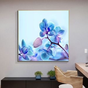 Pintura al óleo moderna de orquídea azul, lienzo impreso en HD, póster, arte de pared, sala de estar, sofá, decoración del hogar