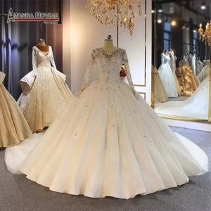 Por encargo 2022 de lujo de cuello alto de encaje de cristal vestido de bola vestidos de novia musulmanes mangas largas espalda abierta más tamaño vestido de novia Vestidos de Noiva