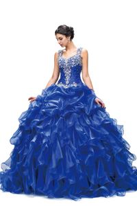 2022 Vestidos de quinceañera Vestido de fiesta azul real Organza con volantes en capas con cuentas de cristal Vestidos de fiesta de fiesta de tren de barrido largo