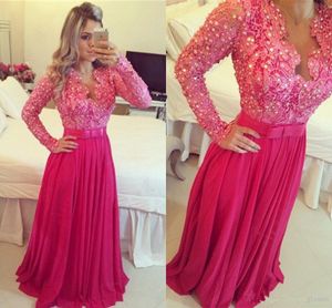 2017 V-neck Long Sleeve A-line Evening Dresses Floor-length Chiffon Satin Lace Crystals Fashion Bridesmaid Party Dresses Prom Dresses Gowns