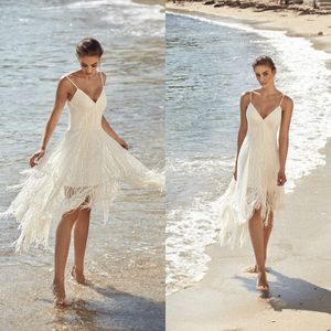 2018 Une Ligne Robes De Mariée De Plage Spaghetti Dentelle Gland Paillettes Perlées Robes De Mariée Courtes robes de novia Boho Robe De Mariée Plus La Taille