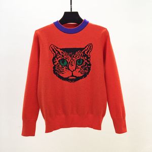 Automne nouveau design femmes o-cou à manches longues tête de chat broderie couleur rouge pull pull pulls hauts tricots