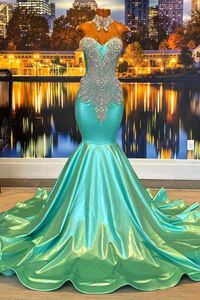 Vestidos de graduación de Mermaid Aqua Green Crystals Beadings Sweetheart High Neck Seqiins para 2024 Black Girls Prom Evening Gowns Graduación Vestidos de Bal BC18581