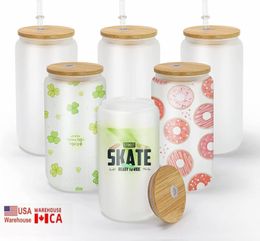 USA/CA Entrepôt local Gobelets à sublimation Canettes en verre de 16 oz avec couvercles en bambou et tasses à bière en paille réutilisables Gobelets givrés transparents Gobelets à soda 0526