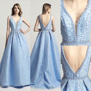 2019 livraison gratuite célébrité en stock robe de bal col en V robe de soirée sans manches style perlé bleu robe de bal robe formatura robe de soirée