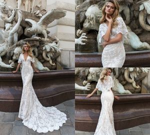 2018 Diseño de cristal Sirena Vestidos de novia Cuello en V profundo Barrido Tren Encaje Tul Apliques Campana Manga País Vestido de novia Vestido De Novia