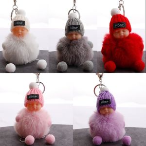 Mignon dormir bébé poupée porte-clés pour femmes sac porte-clés 8 cm moelleux pompon fausse fourrure boule porte-clés bibelot bijoux 5 styles Kimter-H605Q A