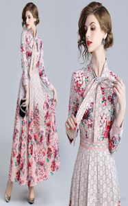 2018 Automne Spring Fashion Floral Print Ribbon Tie Col Collier Long Manche Empire Ampire Robes Nouvelles Arrivée Femmes de gros femmes Casual7320238