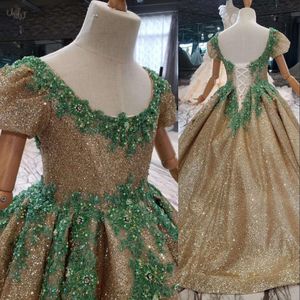 2021 Bling Gold Paillettes Dentelle Fleur Filles Robes Pour Mariages Paillettes Appliques Vertes Perles Manches Courtes Corset Retour Enfants Anniversaire Fille Pageant Robes