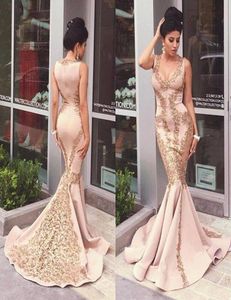 2018 Magnifique sirène longues robes de soirée en dentelle dorée robes de bal appliques saoudiennes de style élégant de style élégant 9854437