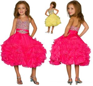 Robes de concours pour petites filles, col licou, perles, paillettes, Organza Cascade, robe courte de concours, HY1283