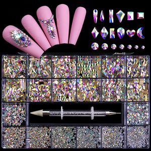 Kit de strass pour Nail Art, boîte en acrylique, 21 grilles, ensemble de tailles mixtes, 1 pièce, stylo de ramassage, grandes décorations en cristal, gemme plate 3D AB