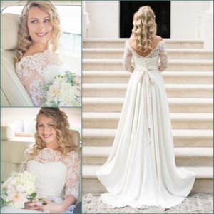 Ivoire Dentelle Plage Pays Une Ligne Robes De Mariée 3/4 Manches Longues Bateau Cou Applique Sexy Dos Ouvert Robes De Mariée Plus La Taille Bohemain