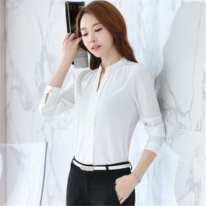 2018 blusa de moda de Corea para mujer, camisa con cuello en V, Ropa de Trabajo de verano, top de oficina para mujer, blusa de manga larga rosa y blanca para mujer, blusa de talla grande