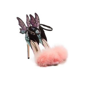 Envío gratis 2018 Ladies Patente Patente Tacón alto Feather Rose Ornamentos de mariposa sólida Mulit Sophia Webster Sandalias zapatos coloridos 34-42