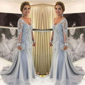 2023 Mother of the Bride Dresses, V Neck Sheer Long Sleeves Mermaid Lace Appliques Beads Pageant Wear Long Plus Size Party Evening Gowns