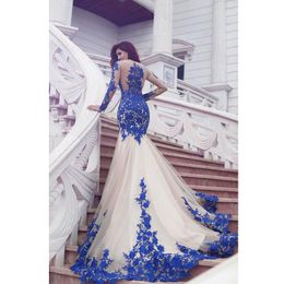 2020 nouveauté à manches longues bleu Royal dentelle robes de soirée sirène dentelle Tulle robes de bal plus récent