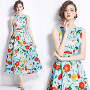 Nuevo vintage Floral Impreso para mujer A-Line Midi Long Shift Vestes Vestidos redondos de la tripulación del cuello Fiestas de las vacaciones de las vacaciones de la fiesta de las vacaciones de la fiesta del verano