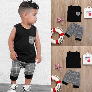 2018 Nuevos conjuntos de bebés varones Verano INS Niños Celosías grises Camiseta sin mangas de algodón + Pantalones cortos 2 piezas Traje Ropa casual de moda para niños Conjunto 0-5T