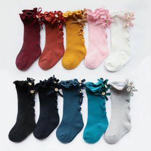 Nouveaux enfants chaussettes bambins filles grand arc tricoté genou haute longue douce coton dentelle bébé chaussettes enfants kniekousen meisje bébé filles chaussettes