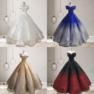 Fuera del hombro Vestidos de quinceañera Vestido de fiesta Descolorar Lentejuelas Vestidos de baile Con volantes Hasta el suelo Princesa Bling Bodas Vestidos de novia