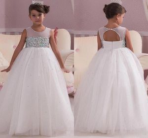 2018 Princesse Blanc Mariage Fleur Fille Robes Empire Taille Cristaux Dos Ouvert 2017 Custom Made Pas Cher Bébé Communion Filles Pageant Robe