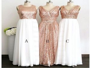 2018 Or Rose Haut À Paillettes Jupe En Mousseline De Soie Blanche Longue Robes De Demoiselles D'honneur Pas Cher Col En V Style Bijou Ruché Pour Le Mariage Country Prom Fo2757694