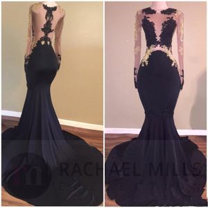 2018 Sexy African Cheap Black Prom Dresses See Through Cutaway Sides Mermaid Long Sleeves Sheer Back Gold Lace Appliques Party Vestidos de noche