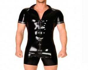 2018 sexy Sexy hombre hecho a mano personalizar catsuits de látex negro cekc catsuit camiseta pantalones cortos con cremallera frontal zentai fetiche XSXXL6296824