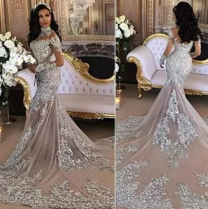 Luxe 2018 Robes De Mariée Sirène Sheer Col Haut Manches Longues Brillant Perles Dentelle Appliqued Champagne Tulle Arabe Robes De Mariée Image Réelle