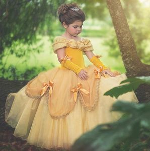 Vintage Gothique Gold Boule De Boule De La Robe Filles Pageant Robes De Plancher Longueur de l'épaule Princesse Puffy Flower Girl Dresse