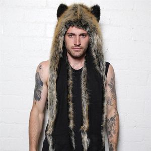 2018 WomenMen Winter Faux Fur Hood Animal Hat Ear Flaps Hand Pockets 3in1 Hood Hat Wolf Plush Warm Animal Cap with Scarf Gloves550227W