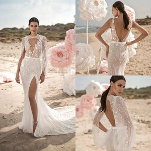 2019 Berta Robes De Mariée Sirène Avec Wrap Dentelle 3D Floral Applique Perles Plage Robe De Mariée robe de mariée Côté Split Boho Robe De Mariée