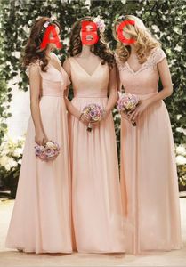 2019 Blush con cuello en V Vestidos de dama de honor Pliegues baratos Sash Draped Robes De Demoiselle D'honneur Gasa Vestido largo para invitados a boda por encargo