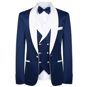 Costumes de mariage bordeaux pour hommes, veste trois pièces à revers châle blanc, gilet à Double boutonnage, pantalon de marié, Tuxedos