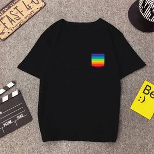 2019 Cool Streetwear Camiseta Mujer Esthétique Femmes Noir Manches Courtes Tees Fille Poche Colorée Arc-En-T Shit Harajuku Vintage X0628