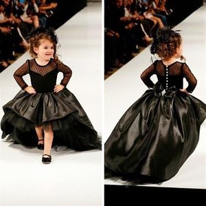 2019 Cupcake Princess Ball Gown Tafetán negro High Low Girl Vestidos de desfile con mangas largas Moda para niños Ropa formal Vestidos de baile 291N