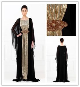 Rangs de soirée 2019 Sequins d'or en mousseline de soie noire Abayas Arabe Dubai Muslim Kaftan Robes Aline Crystals Mother of the Bride NEININ3159522