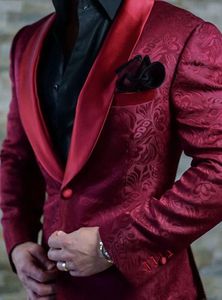 Mode bordeaux Paisley mariage Tuxedos Style britannique sur mesure hommes costume Slim Fit Blazer costumes de mariage pour hommes (costume + pantalon)