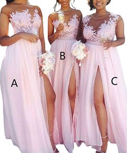 2023 Fashion Pink A Line gasa vestido de dama de honor apliques de encaje vestido de fiesta Illusion Neck High Slit Beach Vestidos de noche formales Vestidos largos de fiesta para bodas Invitados