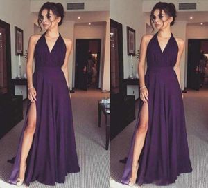 Vestidos de noche largos de Halter Purple 2019 V Cuello sin mangas de garro División de dama de honor barata Gowns9532064