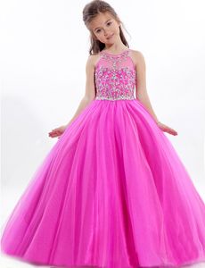 Robe de concours de perlé rose vif pour petites filles jupe complète Long Tulle Kids Party Robe d'anniversaire Robe de bal sur mesure