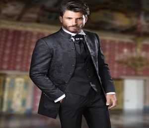 2019 Italian Black Stand Collar Mariding Costumes For Men Jacquard Slim Fit Blazer pour le marié personnalisé 3 pièces Floral Cost Men Tuxedo Sui4843924