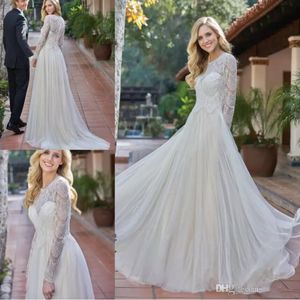 2019 Jasmine A Line Vestidos de novia Joya Cuello Manga larga Apliques de encaje Vestido de novia Tren de barrido Personalizado Tallas grandes Vestidos de novia de país