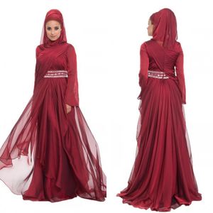 2019 Recién llegados Vestidos de noche musulmanes con blusa plisada Hijab Cintura con cuentas Fruncido Una línea Vestido de noche árabe de gasa púrpura burdeos