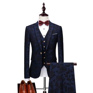Nuevos esmoquin para hombre con estampado de marca azul marino Floral Blazer diseños Paisley Blazer Slim Fit traje chaqueta hombres trajes de boda