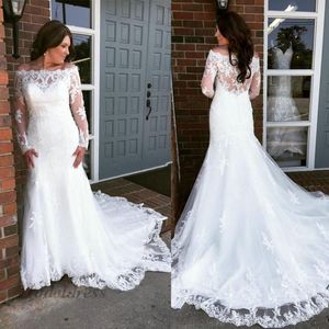 2019 Nuevo estilo Sirena Vestidos de novia Escote barco Manga larga Trompeta Corte Tren Elegantes vestidos de novia de encaje blanco Vestidos De Novia