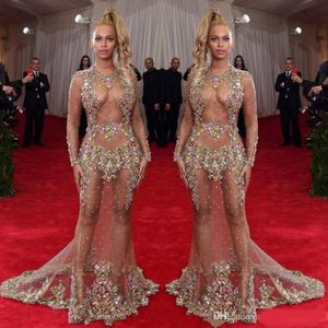 Vestido de noche con cuentas transparentes Beyonce Met Ball Vestidos de alfombra roja Vestido de celebridad desnudo desnudo Ver a través de ropa formal Tren de barrido sin espalda